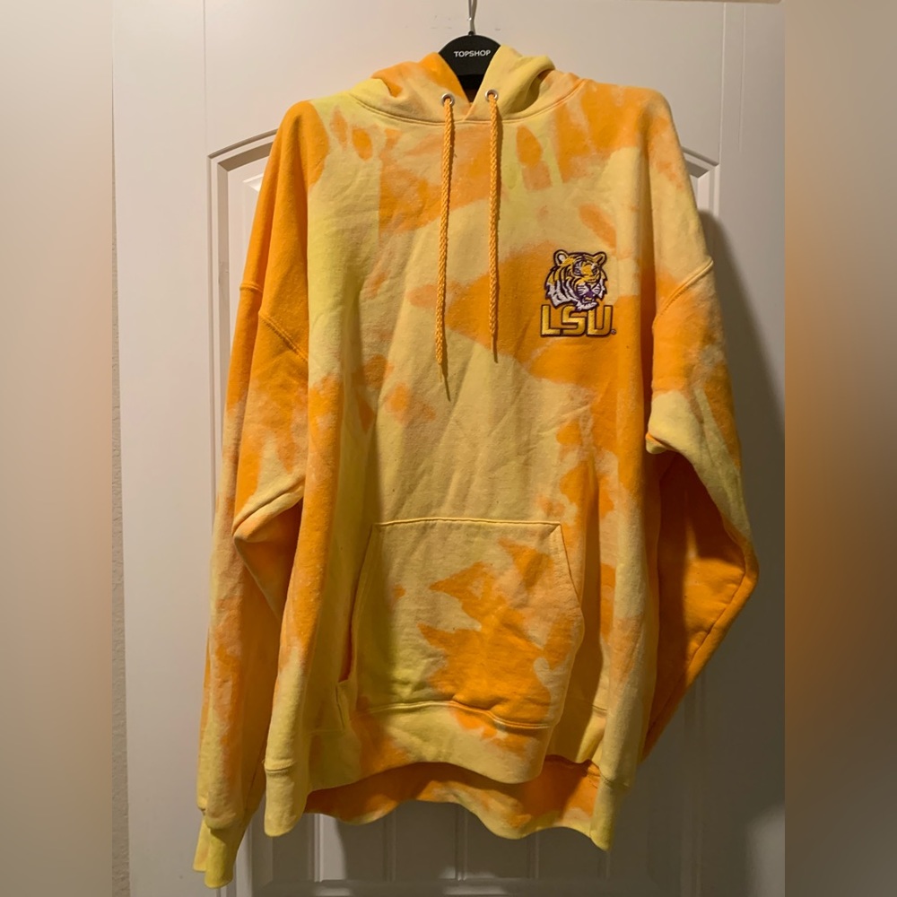 XL CUSTOM LSU Hanes Mens EcoSmart Gold Hand Bleach Hooded Sweatshirt w/LSU Patch